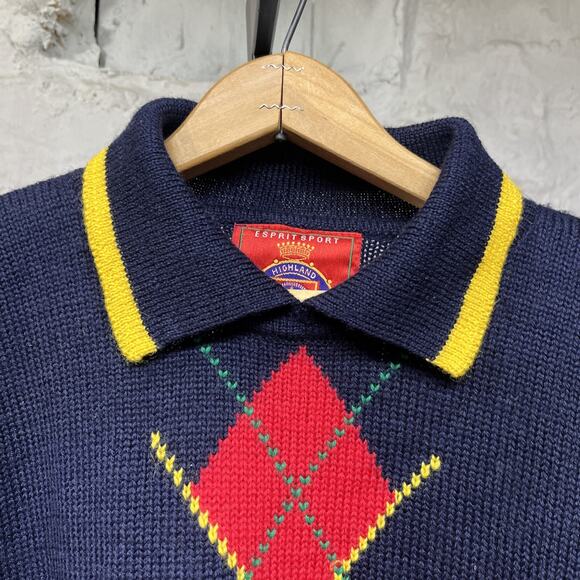 Espirit Sport Knit Wool Collared Argyle Pullover Sweater Preppy Vintage 90s - Picture 9 of 10